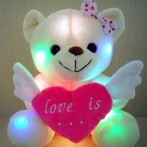 Urso de pelúcia de animal de pelúcia, bonito urso de pelúcia branco com coração rosa para dia dos namorados, logotipo personalizado, bonito, macio, brinquedo, luz led, urso de pelúcia