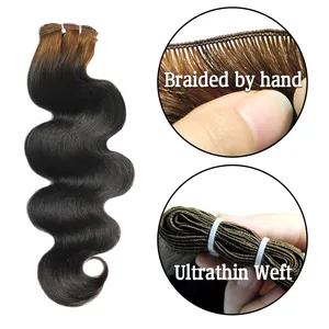 Very thin hand tied weft human hair extension,virgin Brazilian braid hair extension,cuticle aligned human hair braid in weave