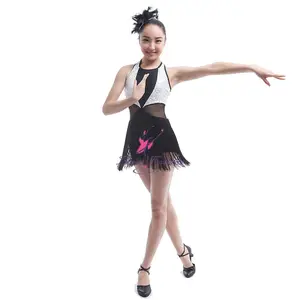 Costume de danse à paillettes pour filles, corsage avec jupe à franges noires/blanches, Costume de Jazz et de danse touche noire, nouvelle collection 16042