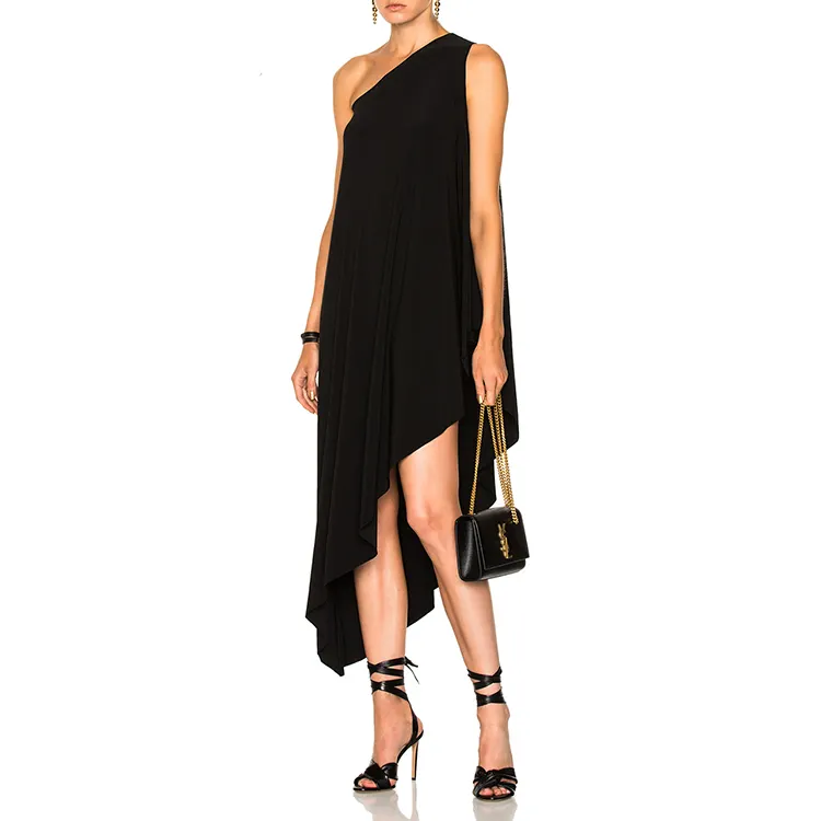 Best selling dames jurk een schouder diagonaal backless asymmetrische zoom vrouwen madi zwarte jurk
