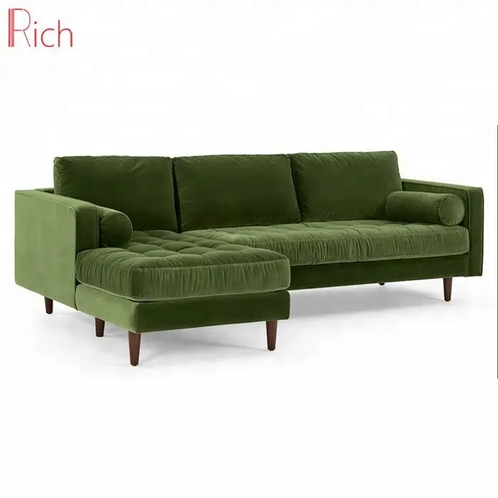 L Sectional Corner Sofa Cover Fabric Modern Grass Olive Green Corner Sofa Set Cotton Velvet Made Chaise Lounge Couch Set