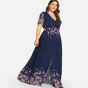 <span class=keywords><strong>Robe</strong></span> Maxi style bohème pour femmes, grande <span class=keywords><strong>taille</strong></span>, col en v, <span class=keywords><strong>taille</strong></span> haute, imprimé Floral bleu marine, collection - Product Image 2