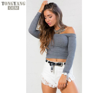 T-Shirt da donna con spalle scoperte <span class=keywords><strong>Top</strong></span> corto da donna a manica lunga tinta unita con collo corto in cotone T-Shirt - Product Image 3