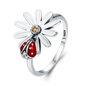 חדש טרנדי אביב אוסף 925 סטרלינג כסף פרח וחיפושית אצבע טבעת