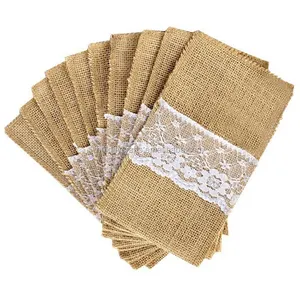 Wholesale Custom High Quality Burlap Bags With Lace Jute Small Pouch Bag For Wedding Knives Forks Spoons