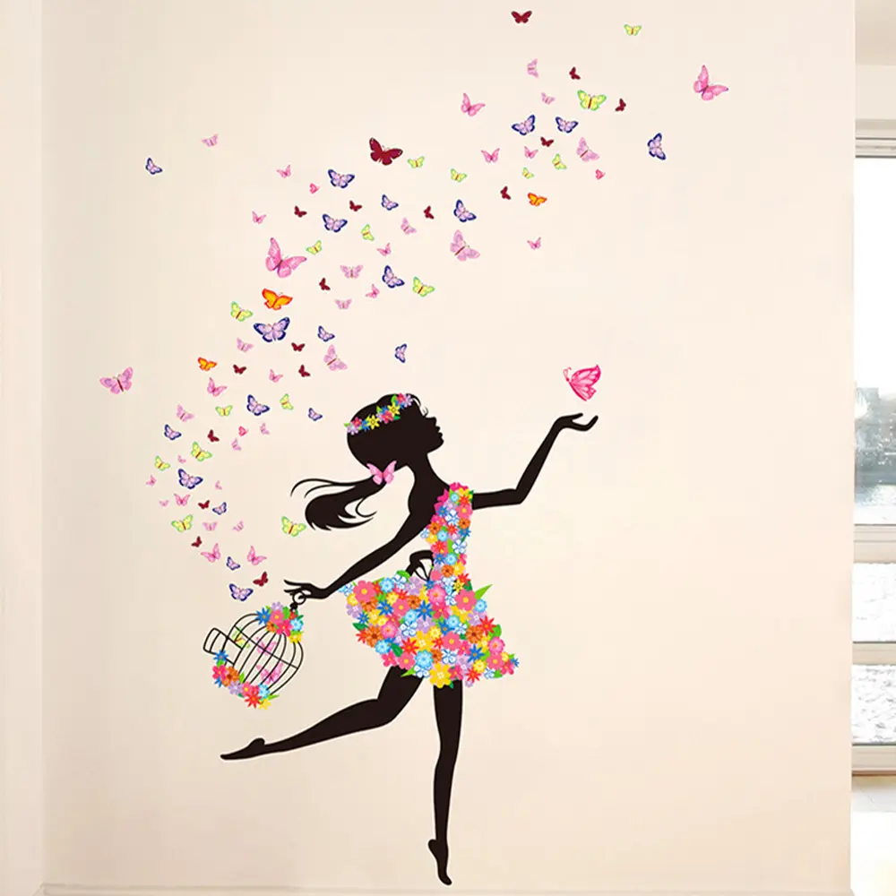Home decor 3d removable birdcage girl flower wall stickers kids room