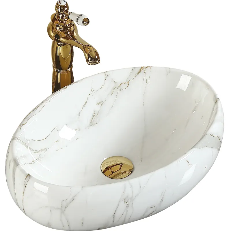 Offre Spéciale inde luxe Style salle de bain marbre comptoir en céramique à la main lavabo au-dessus du comptoir monté forme ovale Art évier