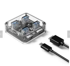 Orico, transparente, 4 portas, usb 3.0 hub para desktop/laptop com 30 / 100 cm, cabo de dados, suporte, fonte de alimentação externa micro usb