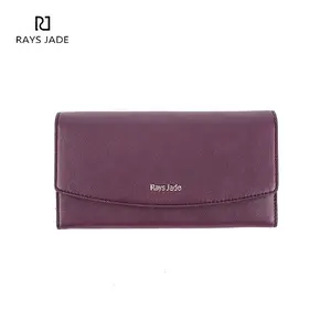 China supplier Wholesale custom purple Long Clutch genuine leather purse women Continental flap wallet women's long wallet