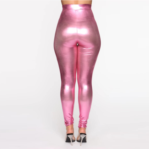 Vente flash, pantalon skinny à taille haute avec double boucle en <span class=keywords><strong>vinyle</strong></span> sexy pour club, leggings métalliques pour femmes - Product Image 6