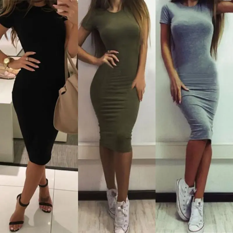 נשים Vestido טוניקה מקרית עיפרון שמלה קצר שרוול Slim Bodycon שמלה