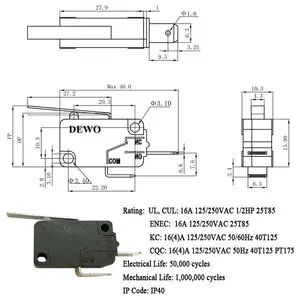 Micro interruptor de límite básico eléctrico 16A 250VAC para electrodomésticos y máquinas 25T150