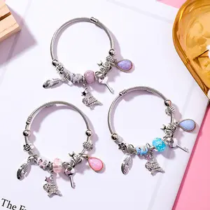 2020 trendy japanese korean DIY Elephant stainless steel Key feather crystal stone beads charm bracelets for women