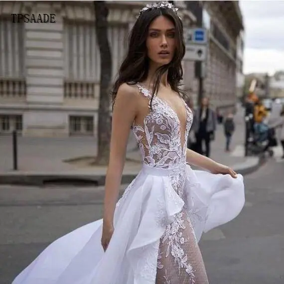 2020 Sexy Xem Suy Nghĩ Ren Backless Bridal Gowns Với Có Thể Tháo Rời Train Appliques V Cổ Mermaid Wedding Dress WF066