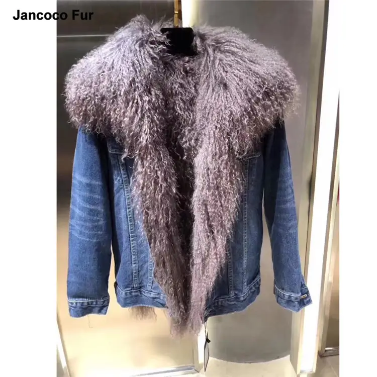 New Women Winter Denim Fur Lining Jacket Fashion Fur Parka Real Mongolian Lamb Fur Coat