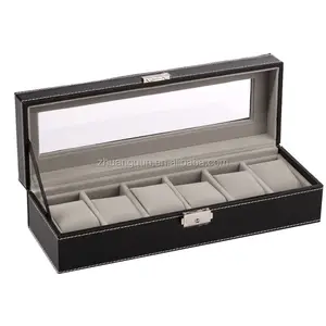 Caixa de relógio masculina de couro, 6 espaços de luxo, preto, visor de vidro, porta joias, organizador com interior cinza
