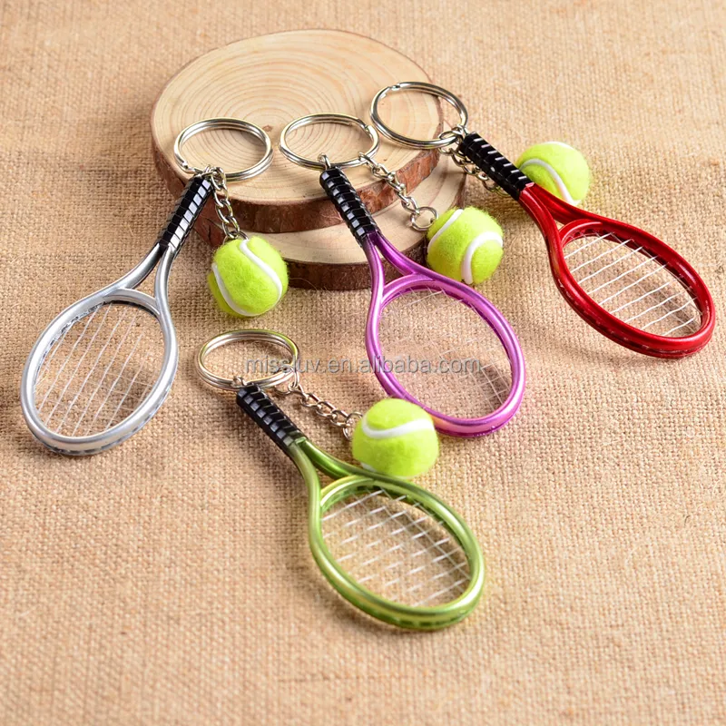 Custom sport sleutelhouder plastic tennisbal sleutelhanger metalen 3d mini tennis en racket sleutelhanger voor club game geschenken