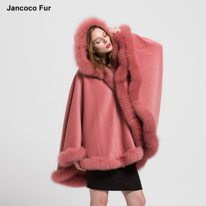 Chales de piel auténtica con capucha desmontable, abrigo de invierno para mujer, capas de piel, Ponchos con cuello de piel de zorro genuino - Product Image 3