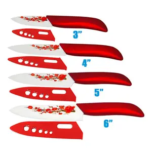 FINDKING Set Pisau Keramik, Alat Pisau Dapur Set Pisau 3 "4" 5 "6" dengan Bunga Merah + Penutup