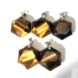 Hot Sale Natural Tiger-Eye Crystal star Six awn star Necklace pendant Jewelry for gift