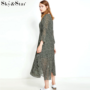 Nuevo estilo manga larga <span class=keywords><strong>verde</strong></span> impreso Maxi largo <span class=keywords><strong>vestido</strong></span> de gasa - Product Image 5