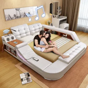 Дешевая многофункциональная музыкальная кровать, кожаные кровати queen king с динамиками