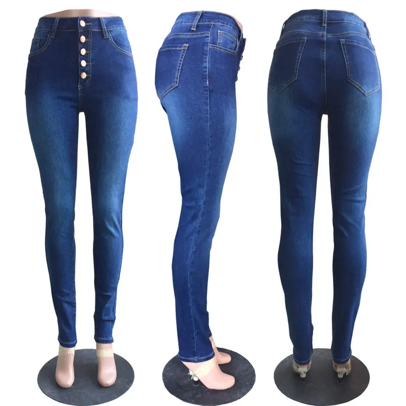 Winter Vrouwen Nieuwe Aankomst Denim Broek Stretch Bodycon Hoge Taille Voorkant Knop Dames Jeans