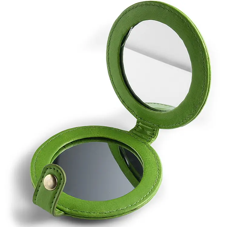 Hot Selling Green PU Leder doppelseitig rund faltbar nach Maß Druck Kosmetik Taschen spiegel