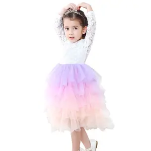 Ivy10041G Cô Gái Trẻ Em Boutique Quần Áo Trẻ Em Cô Gái Sinh Nhật Đảng Ren Dress Dài Tay Cầu Vồng Màu Tutu Ăn Mặc