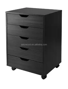 Modern Home Wooden 5-Drawer Mobile <strong>File</strong> Closet Organizing Cart <strong>Cabinet</strong> in <strong>Black</strong> with Wheels for Bedroom and Kitchen - Product Image 1