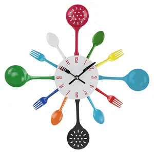 16 pouces <span class=keywords><strong>Horloge</strong></span> Murale De <span class=keywords><strong>Cuisine</strong></span> <span class=keywords><strong>Fourchette</strong></span> et Cuillère En Métal Horloges Murales Art Montre pour La Maison Décoration Quartz Analogique Salon Simple Face - Product Image 1