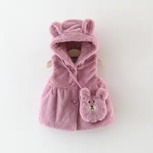 Hxhao — gilet épais à poils pour bébé fille, avec petit sac ours, vêtements pour enfants, vente en gros, 2022