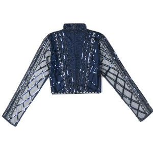 Vendita calda abbigliamento Casual colletto alto opera d'arte alla moda manica <span class=keywords><strong>lunga</strong></span> con cerniera <span class=keywords><strong>giacca</strong></span> uniforme da donna con <span class=keywords><strong>paillettes</strong></span> - Product Image 2