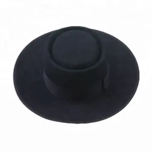 Black Wool Felt Flat Top Pork Pie Hat with Black Ribbon