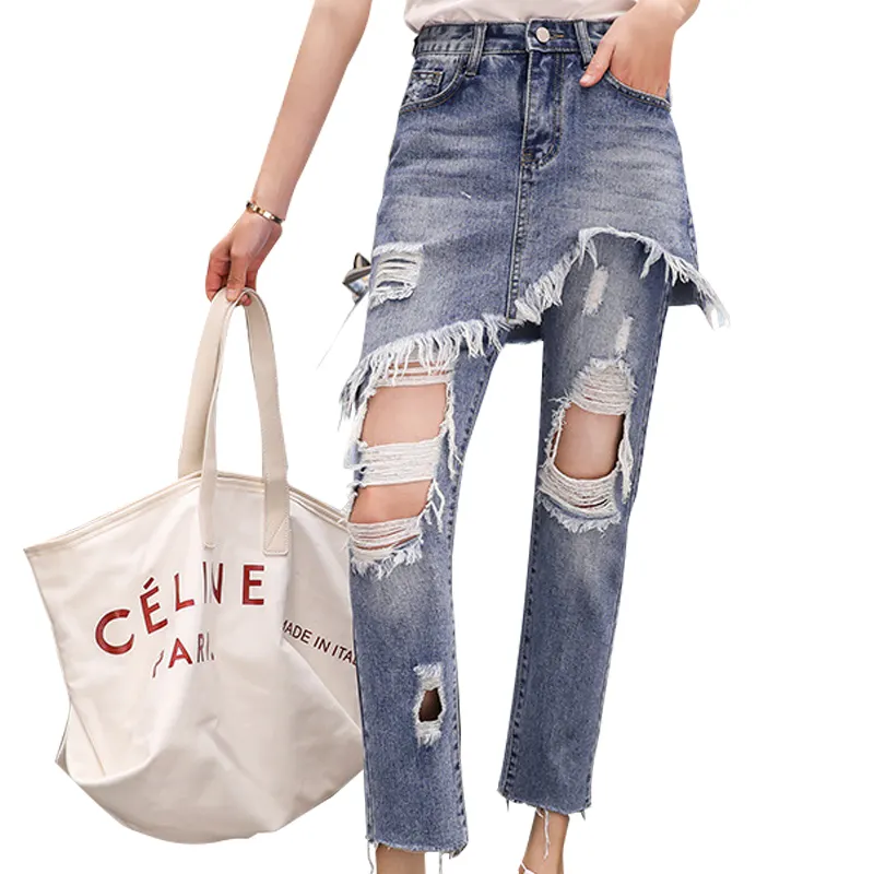 Jupe jean déchirée personnalisée, en Vogue, taille haute, bleu clair, vente en gros, nouvelle collection printemps été, 5007