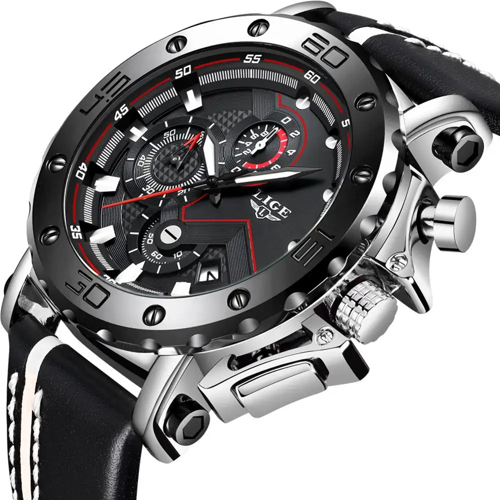 LIGE Men Watch Wrist watch Men Black Leather Analog Quartz Waterproof Watches for sport