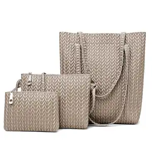 Bolsas Importadas Baratas Woven Pattern Hand Bag For Ladies PU Leather Cheap Handbag Set