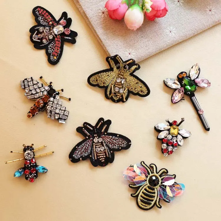 蜂トンボ昆虫デザインラインストーンビーズ刺Embroideryパッチ