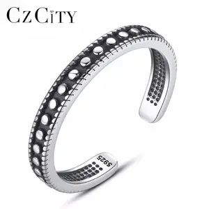 CZCITY Authentic 925 Silver Adjustable Stackable Vintage Finger Sterling Design Man Metal Ring