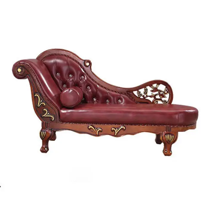 OE-FASHION talla de madera antigua de marrón de cuero de la silla chaise longue
