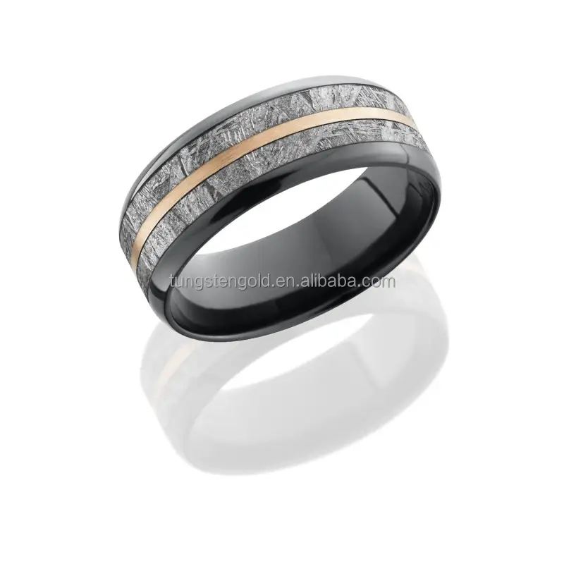 ceramic 8mm Flat Band with Beveled Edges, 5mm Meteorite and 1mm 14K Rose Gold inlays
