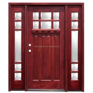 Craftsman Stained Mahogany Wood Front Doors With Dentil Shelf And Sidelites