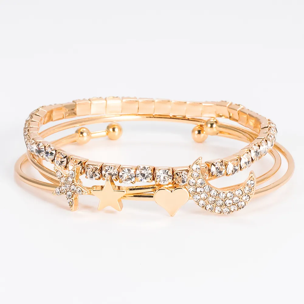 4 bracelets simples en cristal, cristaux, nouveauté mode européenne et américaine, cristal, étoile, lune, ouvert