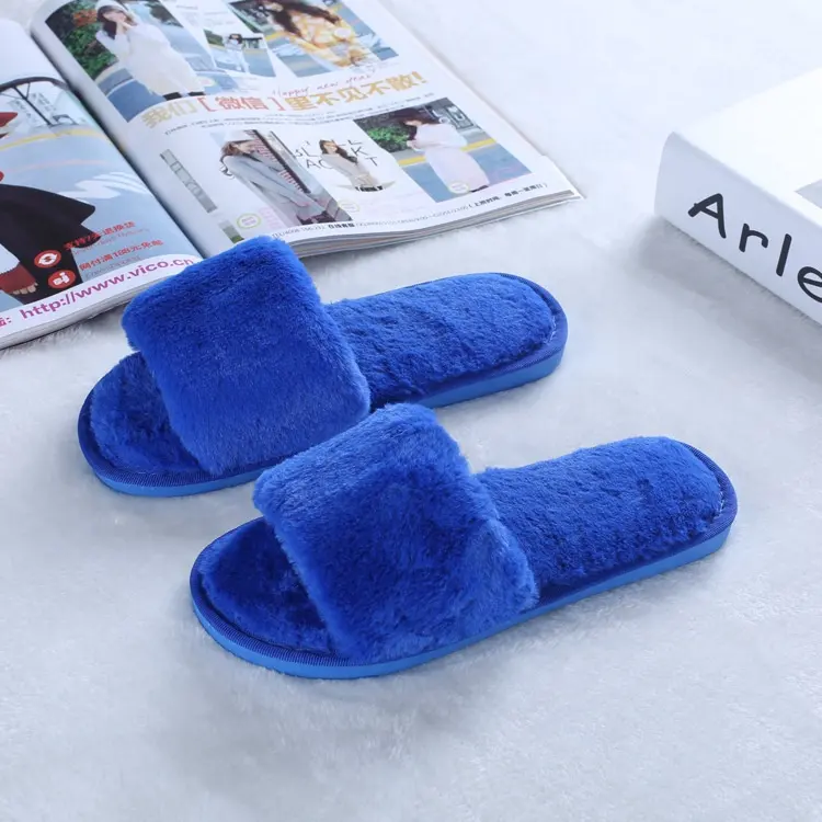 Cheap Wholesale custom logo blue ladies soft sole fleece slides women bedroom home open toe slippers indoor warm winter shoes