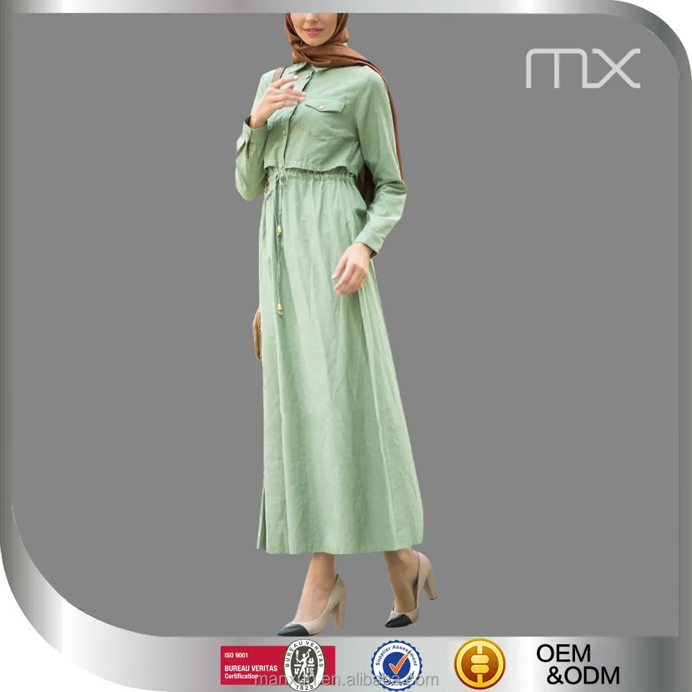 New Baju Models Dress Drawstring Waist Dubai Abaya For Women Green Elegant Islamic Clothing