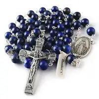 8ミリメートルLapis Lazuli Natural Gemstone Beads Catholic RosaryとCapsにOur Father BeadsとAnti-Silver Maria MedalとCrucifix