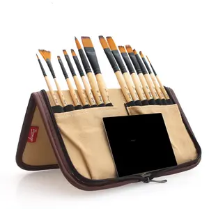 14Pcs Paint Brush Set With Nylon Hair Wood handle Khaki Black Colors For Watercolor Oil Acrylic Paint Brush Set