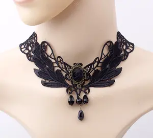 Kalung Bunga Hitam Poliester 100% Kalung Kerah Renda Kain Garis Leher Kain Bordir DIY