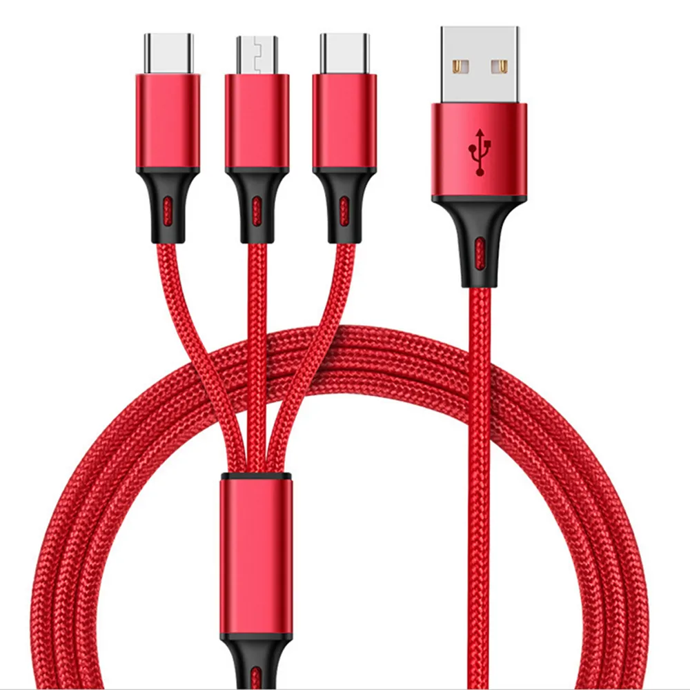 Cable de carga de datos USB 3 en 1, cable trenzado de nailon de 1,2 m para teléfono móvil inteligente, 3A tipo C + V8 + 8 Pin