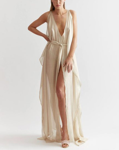 Gaun Maxi Slip Satin Champagne Fashion Wanita dengan Kerah V Dalam Asimetris untuk Malam Hari - Product Image 2